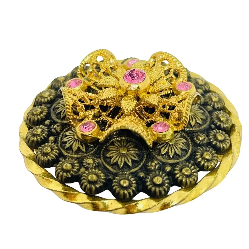 Vintage CZECHO signed gold plated pink rhinestones brooch